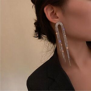 Rhinestone Crystal Bridal Long Earrings Silver Dangle Tassel sparkle New Glam